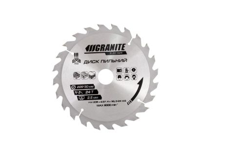 Пильный диск для древесины с твердосплавными напайками 205х30х24Т и адаптером 30-25.4, 7450 об/мин, MASTERTOOL 5-20-524