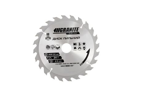 Пильний диск для дерева з твердосплавними напайками 205х30х24Т адаптер 30-25.4, 7450 об/хв MASTERTOOL 5-20-524