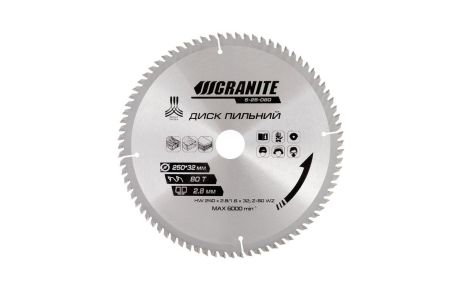 Диск пильный для дерева с твердосплавными напайками 250х32х80Т адапт 32-30/32-25.4 6100 об/мин MASTERTOOL 5-25-080