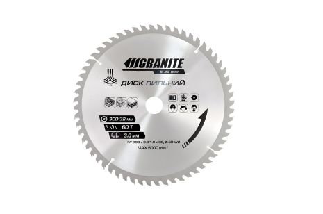 Пильний диск для дерева з твердосплавними напайками 300х32х60Т адаптер 32-30/32-25.4 5100 об/хв MASTERTOOL 5-30-060