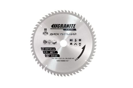 Пильний диск для дерева з твердосплавними напайками 300х32х60Т адаптер 32-30/32-25.4 5100 об/хв MASTERTOOL 5-30-060