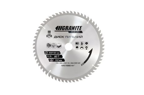 Пильний диск для дерева з твердосплавними напайками 300х32х60Т адаптер 32-30/32-25.4 5100 об/хв MASTERTOOL 5-30-060