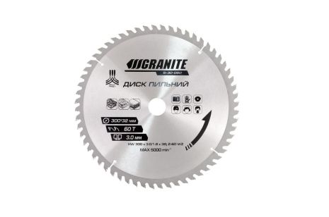 Пильний диск для дерева з твердосплавними напайками 300х32х60Т адаптер 32-30/32-25.4 5100 об/хв MASTERTOOL 5-30-060