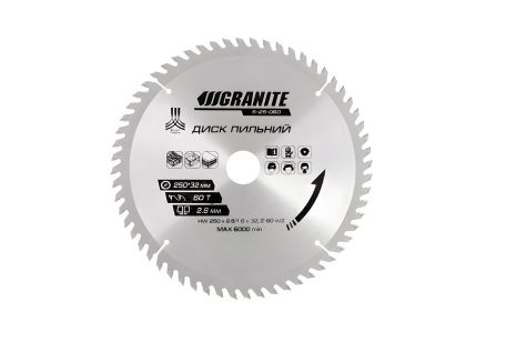 Пильний диск для дерева з твердосплавними напайками 250х32х60Т адаптер 32-30/32-25.4 6100 об/хв MASTERTOOL 5-25-060