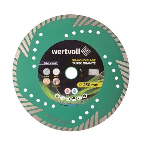 Алмазний Диск TURBO GRANITE 230×3 мм 24% висота 8 мм адаптер 22.2-20 мм 6650 об/хв MASTERTOOL DM-2230
