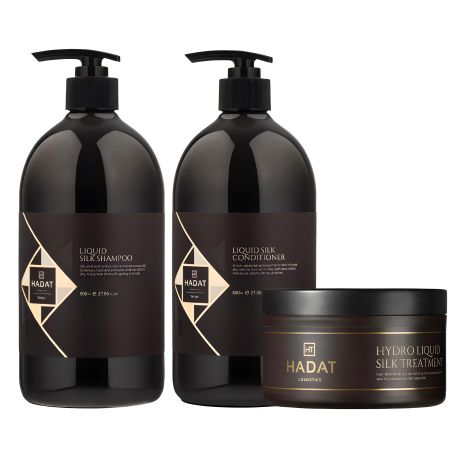 Набор для восстановления блеска волос "Редкий Шелк" Hadat Liquid Silk TRIO (шампунь, кондиционер, маска) 2х800/300мл Набор для восстановления блеска волос "Редкий Шелк" Hadat Liquid Silk TRIO (шампунь, кондиционер, маска) 2х800/300мл