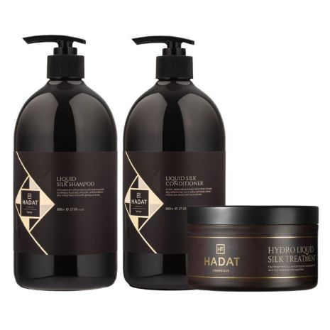 Набір "Рідкий Шовк" Hadat Liquid Silk TRIO шампунь, кондиціонер, маска для відновлення блиску та гладкості волосся 2х800/300мл