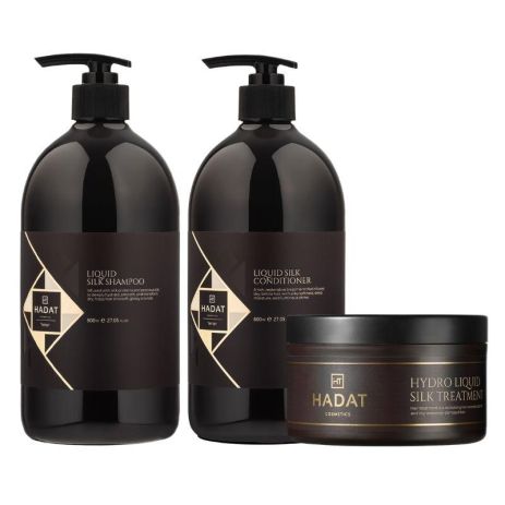 Набір "Рідкий Шовк" Hadat Liquid Silk TRIO шампунь, кондиціонер, маска для відновлення блиску та гладкості волосся 2х800/300мл