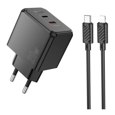 Мережевий зарядний пристрій Hoco CS16A 1 USB-C/1IP PD/QC 20W+Type-C to Lightning Колір Чорний