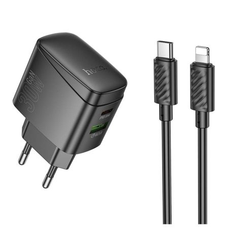 Мережевий зарядний пристрій Hoco CS61A 1 USB/1USB-C PD/QC 30W+Type-C to Lightning Колір Чорний