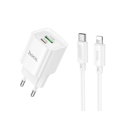 Мережевий зарядний пристрій Hoco C147A 1 USB-C/1USB PD/QC 20W+Type-C to Lightning Колір Білий