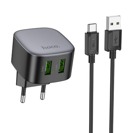Мережевий зарядний пристрій Hoco CS34A 2 USB QC 18 W + USB to Type-C Колір Чорний