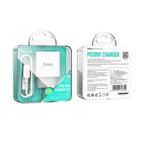 Мережевий зарядний пристрій Hoco C76A Pro 1USB-C PD/QC 30 W + Type-C to Type-C М'ята упаковка Колір Білий