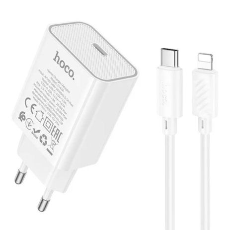 Мережевий зарядний пристрій Hoco C143A 1 USB-C PD/QC 20W+Type-C to Lightning Колір Білий