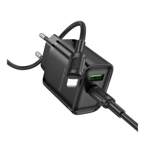 Мережевий зарядний пристрій Borofone BA83A 1USB-C/1USB PD/QC 20W+Type-C to Lightning Колір Чорний
