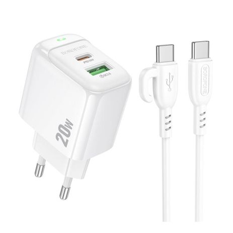Мережевий зарядний пристрій Borofone BAS44A 1USB-C/1USB PD/QC 20W+Type-C to Type-C Колір Білий