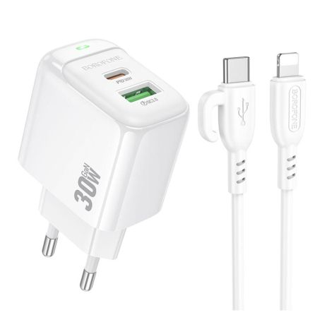 Мережевий зарядний пристрій Borofone BAS45A 1USB-C/1USB PD/QC 30 W + Type-C to Lightning Колір Білий