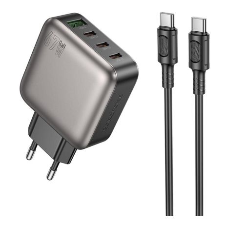 Мережевий зарядний пристрій Borofone BAS57A 3USB-C/1USB PD/QC 67W GAN+Type-C to Type-C Колір Чорний