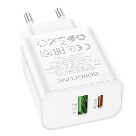 Мережевий зарядний пристрій Borofone BA88A 1 USB-C/1USB PD/QC 20W Колір Білий