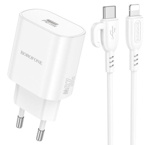Мережевий зарядний пристрій Borofone BA82A 1USB-C PD/QC 25W+Type-C to Lightning Колір Білий