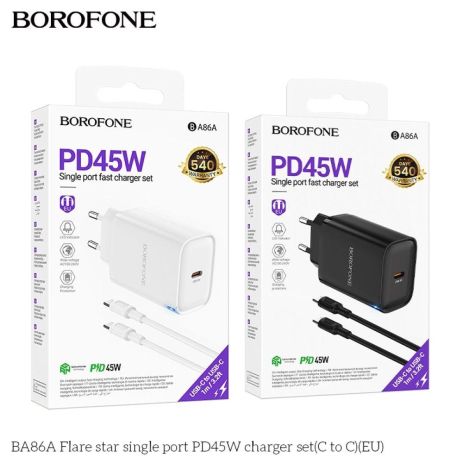 Сетевое Зарядное Устройство Borofone BA86A 1USB-C PD/QC 45W+Type-C to Type-C Цвет Черный