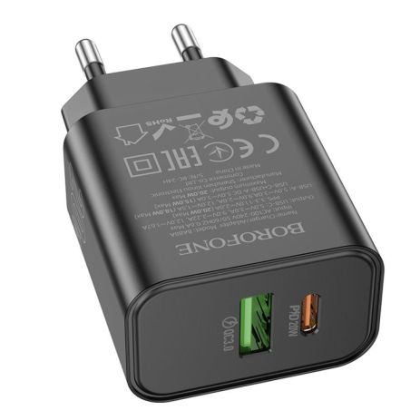 Мережевий зарядний пристрій Borofone BA88A 1 USB-C/1USB PD/QC 20W Колір Чорний