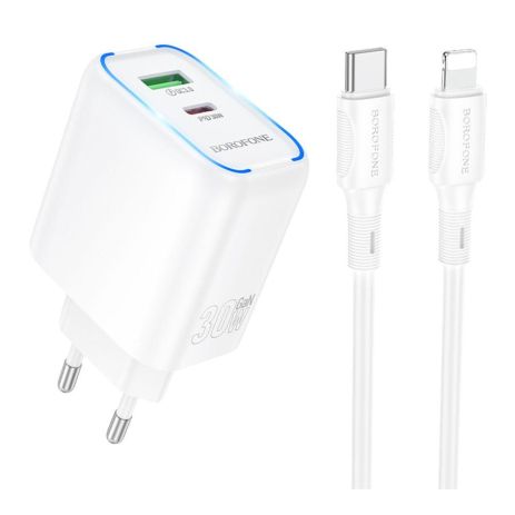 Мережевий зарядний пристрій Borofone BA89A 1 USB-C/1USB PD/QC 30W+Type-C to Lightning Колір Білий