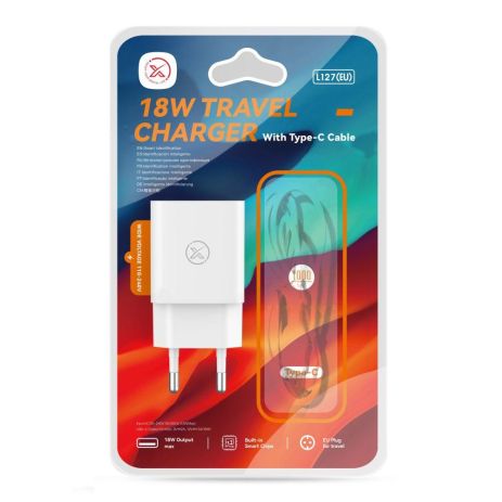 Сетевое Зарядное Устройство XO L127 1USB QC 18W+USB to Type-C New Logo Цвет Белый
