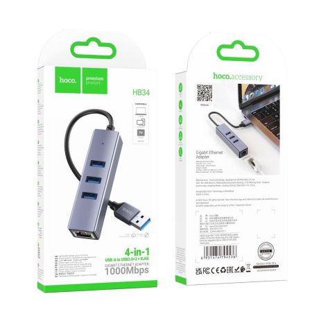 USB Hoco HB34 Easy link Gigabit Ethernet adapter(USB to USB3.0*3+RJ45) Мятая упаковка Цвет Серый
