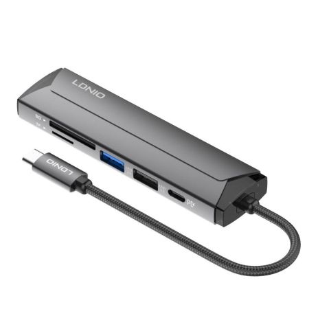 USB Hub LDNIO DS-56H Type-C To PD3.0*1(100W)+HDMI*1(4K@30hz)+USB2.0*1+SD+TF Колір Сірий