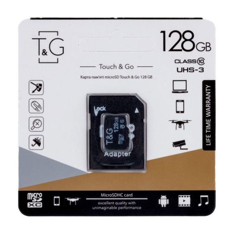 Карта Памяти T&amp;G MicroSDXC 128gb UHS-3 10 Class &amp; Adapter Цвет Черный