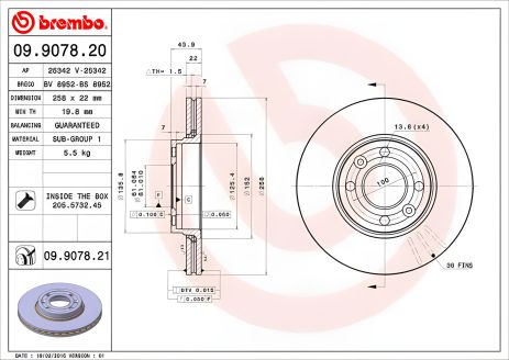 Пара передних тормозных дисков Brembo для RENAULT (09.9078.20)