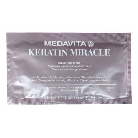 Разглаживающая маска Medavita Keratin Miracle Sleek Hair Mask для пушистых и непослушных волос, пробник саше 20 мл Разглаживающая маска Medavita Keratin Miracle Sleek Hair Mask для пушистых и непослушных волос, пробник саше 20 мл