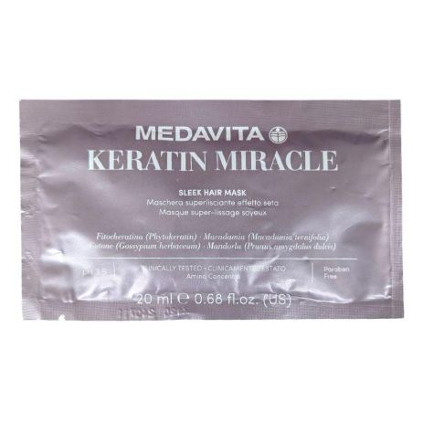 Разглаживающая маска Medavita Keratin Miracle Sleek Hair Mask для пушистых и непослушных волос, пробник саше 20 мл Разглаживающая маска Medavita Keratin Miracle Sleek Hair Mask для пушистых и непослушных волос, пробник саше 20 мл