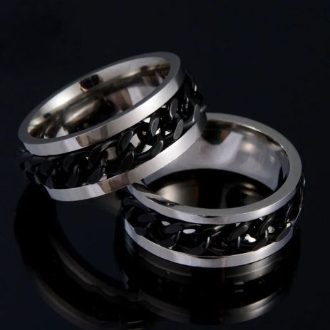 Чоловіче кільце з ланцюгом всередині із сталі перстень чорний срібний Чоловіче кільце з ланцюгом всередині із сталі перстень чорний срібний