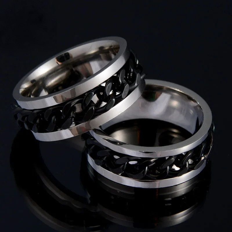 Чоловіче кільце з ланцюгом всередині із сталі перстень чорний срібний Чоловіче кільце з ланцюгом всередині із сталі перстень чорний срібний