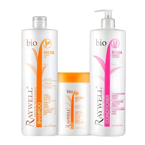 Набор для увлажнения и блеска сухих поврежденных волос Raywell Bio шампунь и маска Hidra и кондиционер Boma, 3x1000 мл 3х500 г (разлив)
