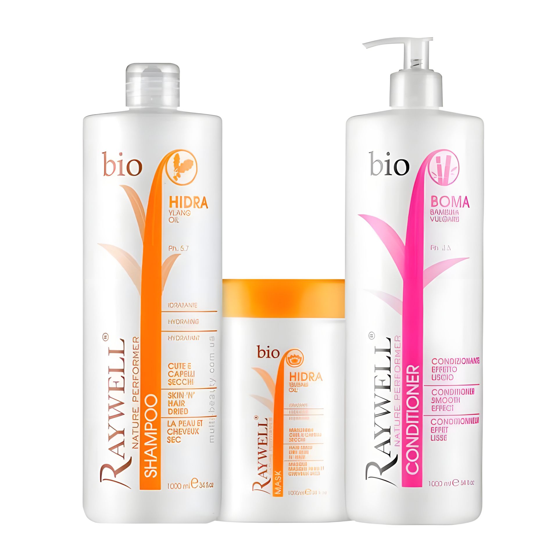 Набір для зволоження та блиску сухого пошкодженого волосся Raywell Bio (шампунь, маска Hidra і кондиціонер Boma), 3x1000 мл 3х300 г Набір для зволоження та блиску сухого пошкодженого волосся Raywell Bio (шампунь, маска Hidra і кондиціонер Boma), 3x1000 мл 3х300 г