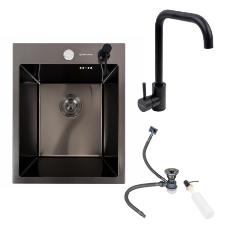 Комплект: Кухонная мойка VALESO Handmade 40*50 PVD черная (3.0/0.8) + Смеситель VALESO BG77 черный