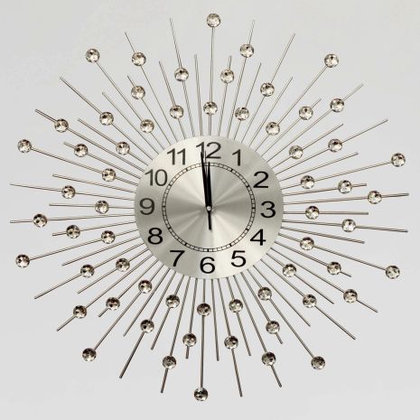 Шикарные большие настенные часы (60 см) бесшумные красивые в спальню гостиную "Солнце-G-600" cеребристый