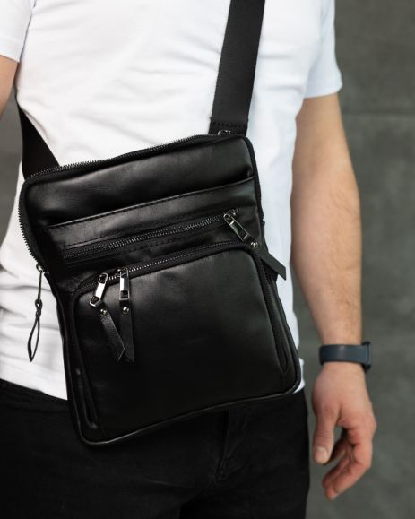 Чоловіча сумка SKILL через плече шкіряна чорна