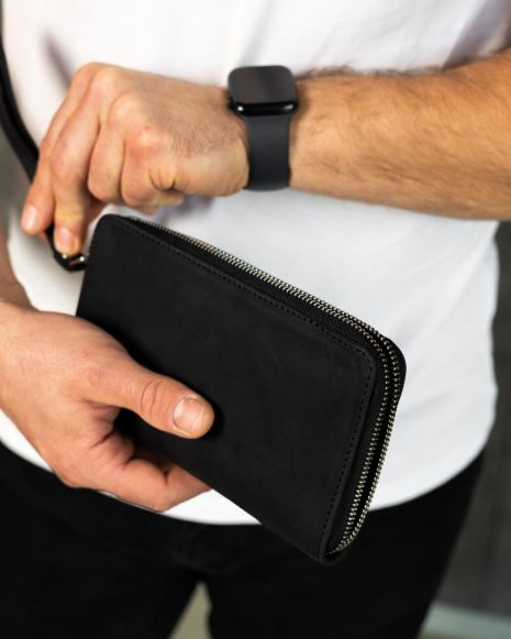 Черный кожаный клатч-гаманець из натуральной кожи Crazy Horse