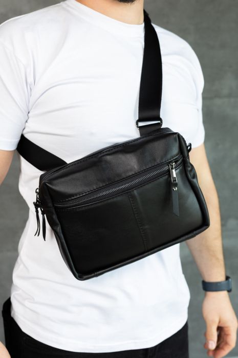 Черная кожаная мужская сумка SKILL через плечо