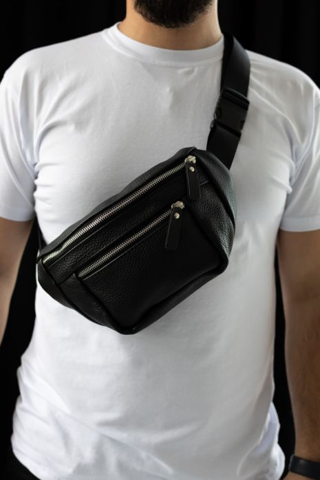 Бананка шкіряна чорна чоловіча сумка