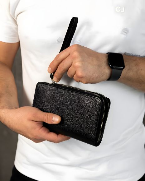 Чоловічий клатч-гаманець із зернистої натуральної шкіри, чорний