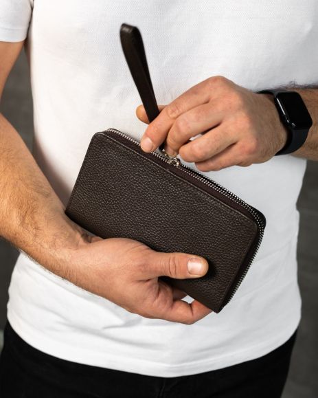 Клатч-гаманець чоловічий із зернистої натуральної шкіри, коричневий