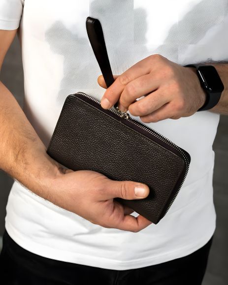 Клатч-гаманець чоловічий із зернистої натуральної шкіри, коричневий