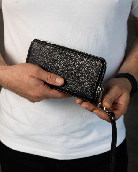 Чоловічий клатч-гаманець із зернистої натуральної шкіри, чорний