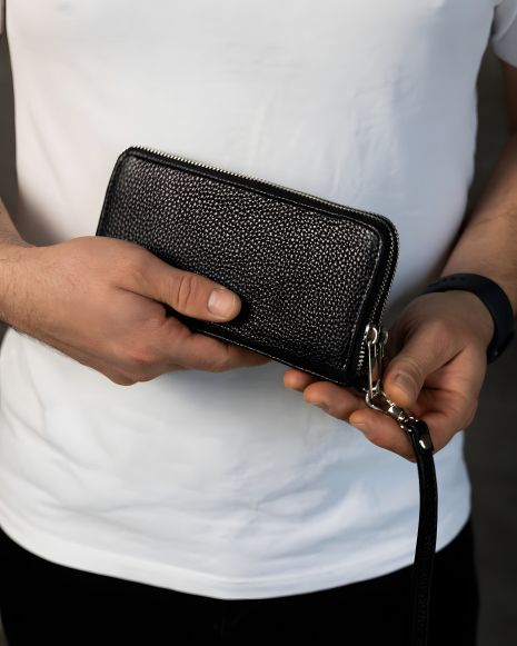 Чоловічий чорний клатч-гаманець із натуральної зернистої шкіри