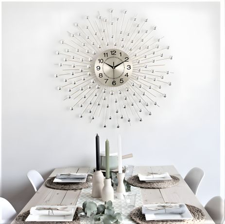 Большие настенные часы (60 см) бесшумные и красивые "Солнце-G-600" серебристого цвета для спальни и гостиной